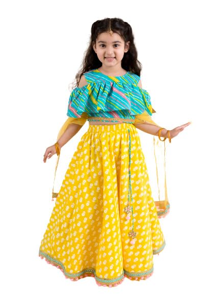 Pspeaches Girls Cotton Yellow Turquoise Blue Printed Ready To Wear Readymade Lehenga Set Blouse With Dupatta