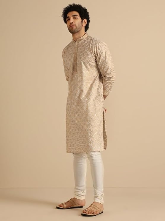 KISAH Mens Kurta – Foil Printed Cotton Blend Kurta for Men – Traditional Ethnic Wear for Indian Festivals & Weddings Off White
