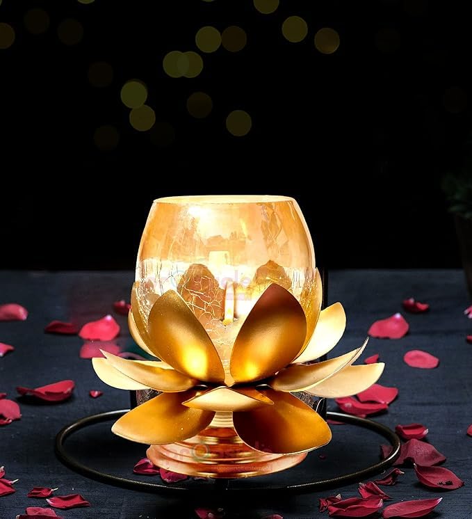 Easyera Golden Tealight Holder Stylishly Shaped Lotus Candle Holder Stand Metal Beautiful Design Home Decoration Festival Occasions Iron Tealight Holder (Mini Lotus 4pc)