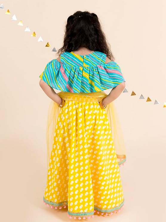 Pspeaches Girls Cotton Yellow Turquoise Blue Printed Ready To Wear Readymade Lehenga Set Blouse With Dupatta