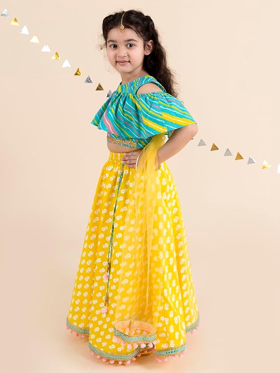 Pspeaches Girls Cotton Yellow Turquoise Blue Printed Ready To Wear Readymade Lehenga Set Blouse With Dupatta