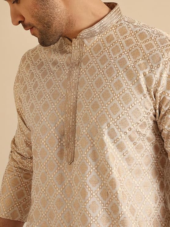 KISAH Mens Kurta – Foil Printed Cotton Blend Kurta for Men – Traditional Ethnic Wear for Indian Festivals & Weddings Off White