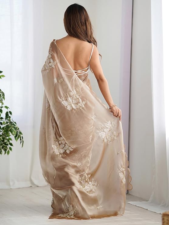 AKHILAM Women's Shimmer Organza Sequence Embroidery Saree With Unstitched Blouse Piece