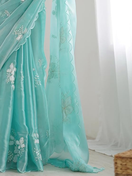 AKHILAM Women's Shimmer Organza Sequence Embroidery Saree With Unstitched Blouse Piece