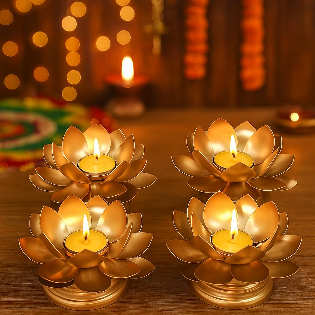 Easyera Golden Tealight Holder Stylishly Shaped Lotus Candle Holder Stand Metal Beautiful Design Home Decoration Festival Occasions Iron Tealight Holder (Mini Lotus 4pc)