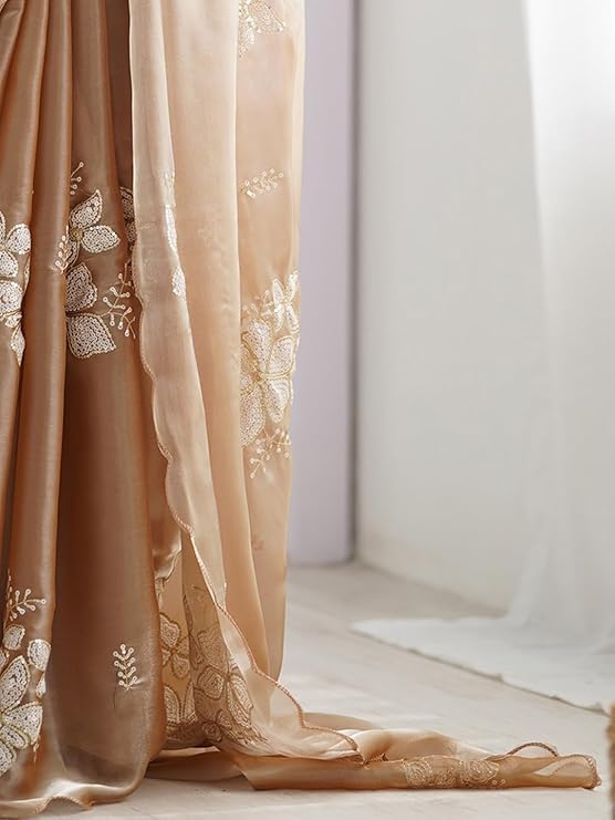 AKHILAM Women's Shimmer Organza Sequence Embroidery Saree With Unstitched Blouse Piece