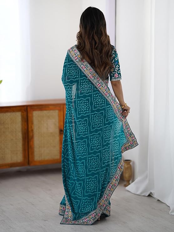 Satrani Women's Georgette Bandhani Printed Festive Saree with Unstitched Blouse Piece