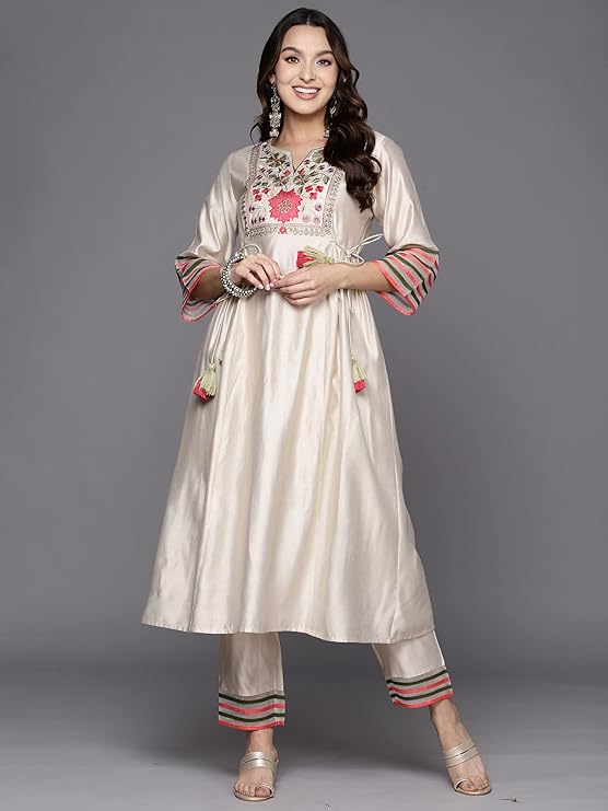 INDO ERA Women Rayon Viscose Floral Embroidered A-Line Kurta With Pant Set/Co-Ord Set
