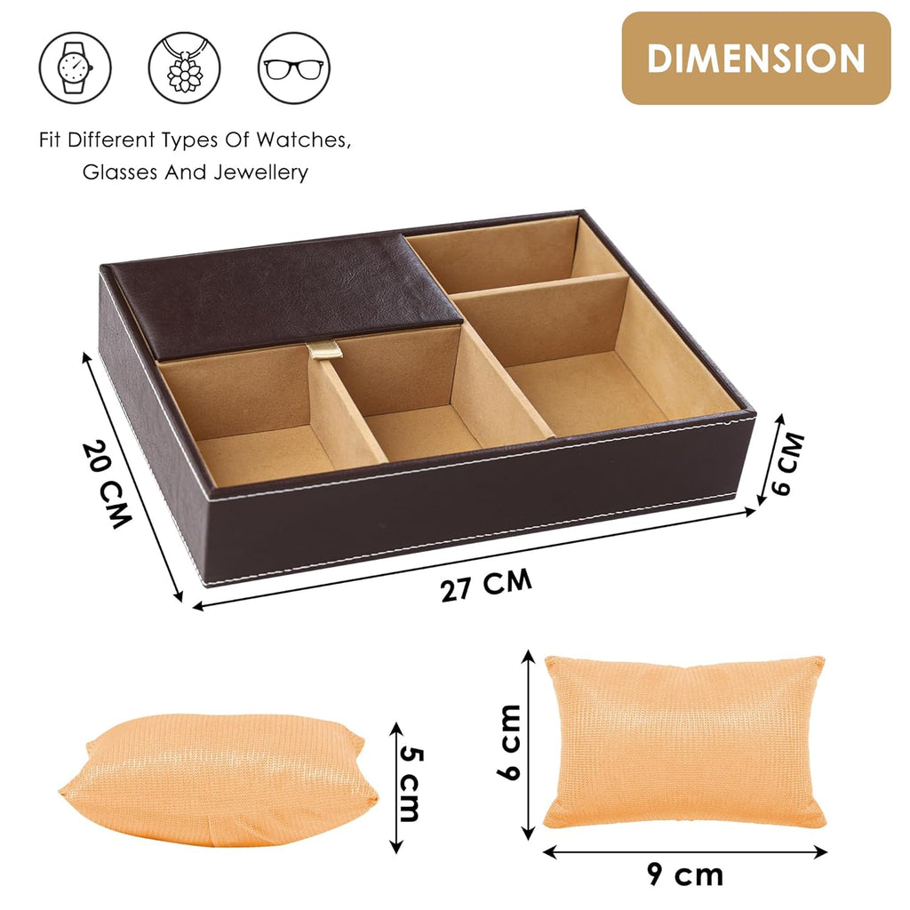 Kuber Industries Faux Leather Jewellery Organisers Box | Watch and Sunglasses Organizer | Desk Organiser Tray | Wallet and Watch Holder Box | Golden & Brown