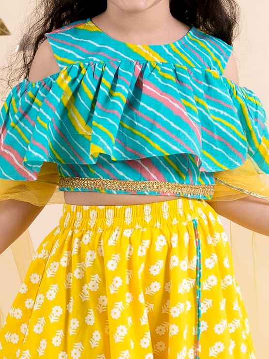 Pspeaches Girls Cotton Yellow Turquoise Blue Printed Ready To Wear Readymade Lehenga Set Blouse With Dupatta