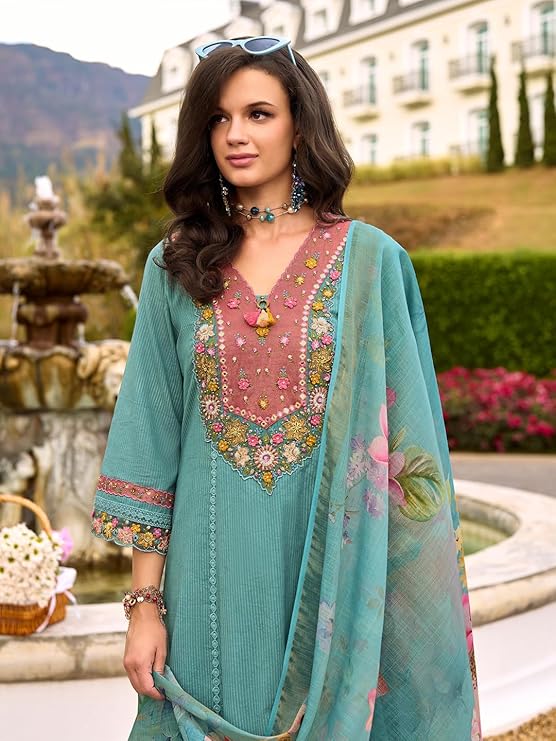 INDO ERA Women's Anarkali Pure Cotton Floral Printed Embroidered Kurta & Pant with Dupatta Set (IEOUT10688)