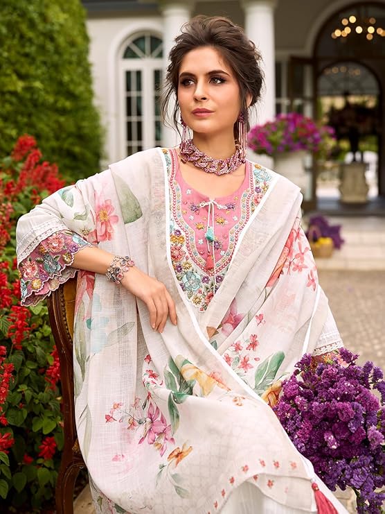 INDO ERA Women's Anarkali Pure Cotton Floral Printed Embroidered Kurta & Pant with Dupatta Set (IEOUT10688)