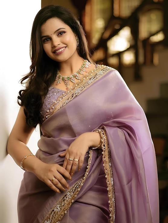 AKHILAM Women's Tissue Lace Work Saree with Unstitched Blouse Piece