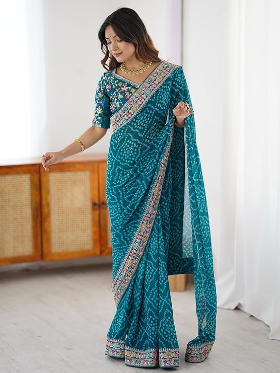 Satrani Women's Georgette Bandhani Printed Festive Saree with Unstitched Blouse Piece