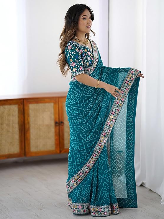 Satrani Women's Georgette Bandhani Printed Festive Saree with Unstitched Blouse Piece