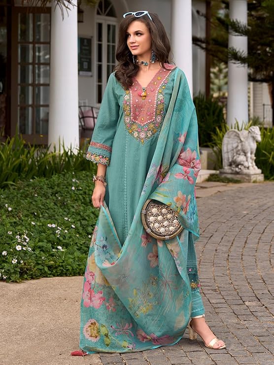 INDO ERA Women's Anarkali Pure Cotton Floral Printed Embroidered Kurta & Pant with Dupatta Set (IEOUT10688)