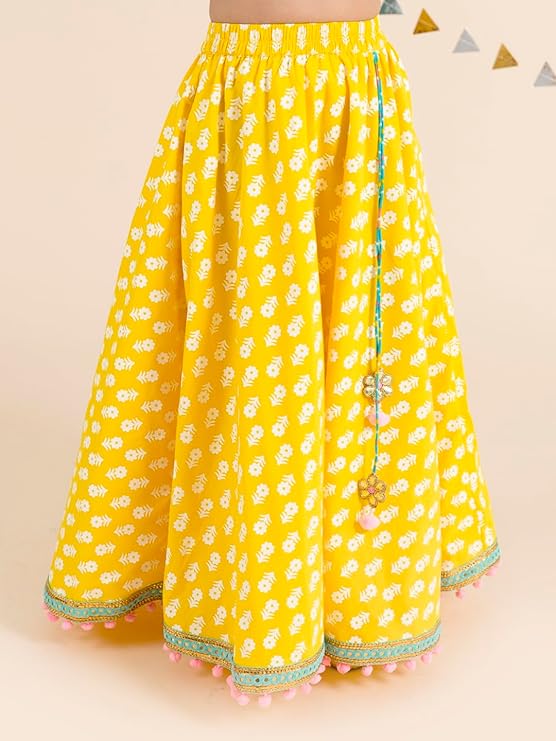 Pspeaches Girls Cotton Yellow Turquoise Blue Printed Ready To Wear Readymade Lehenga Set Blouse With Dupatta