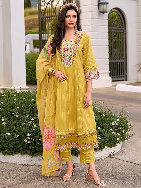 INDO ERA Women's Anarkali Pure Cotton Floral Printed Embroidered Kurta & Pant with Dupatta Set (IEOUT10688)