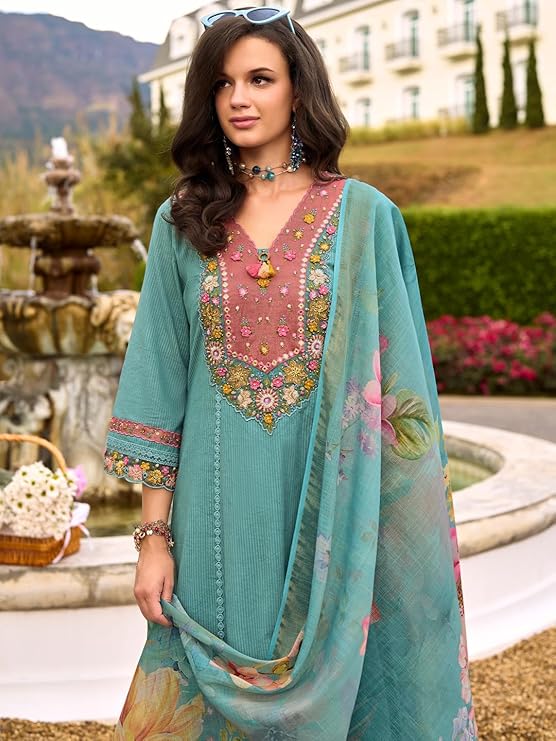 INDO ERA Women's Anarkali Pure Cotton Floral Printed Embroidered Kurta & Pant with Dupatta Set (IEOUT10688)