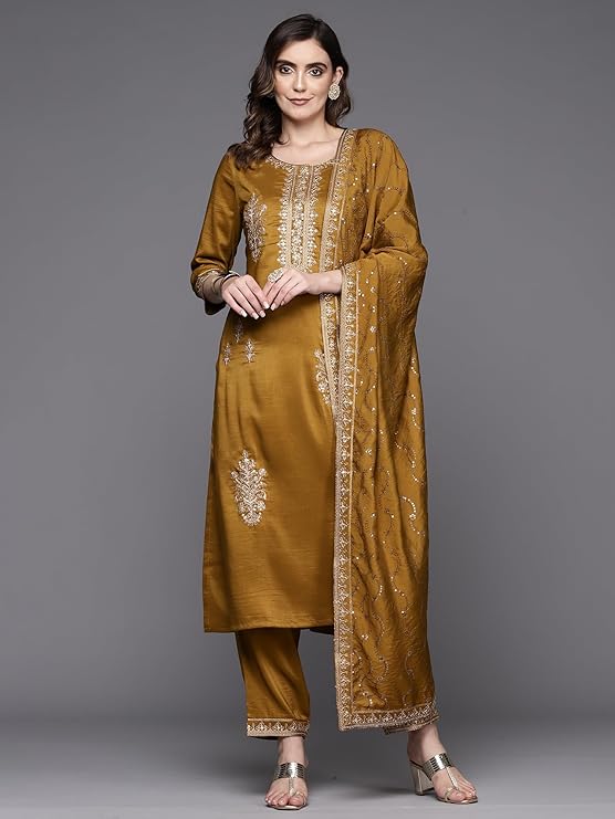 INDO ERA Women's Cotton Blend Embroidered Straight Kurta & Pant with Dupatta Set