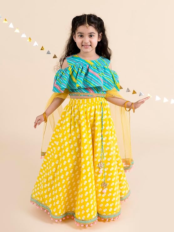 Pspeaches Girls Cotton Yellow Turquoise Blue Printed Ready To Wear Readymade Lehenga Set Blouse With Dupatta
