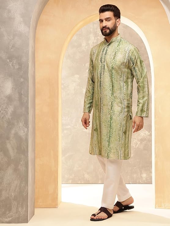 SOJANYA Men’s Cotton Silk Printed Green Kurta | Designer Long Ethnic Outfit for Navratri, Garba Nights & Puja