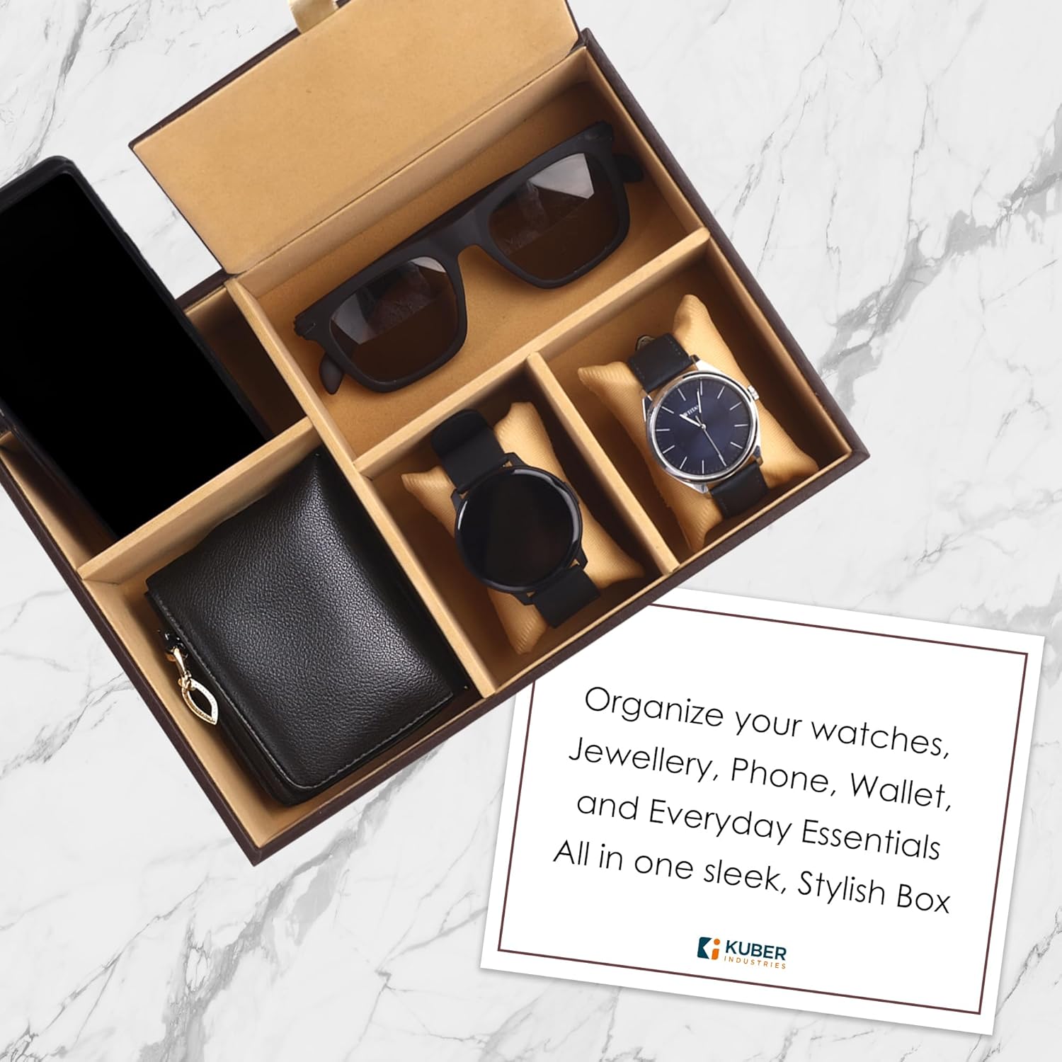 Kuber Industries Faux Leather Jewellery Organisers Box | Watch and Sunglasses Organizer | Desk Organiser Tray | Wallet and Watch Holder Box | Golden & Brown