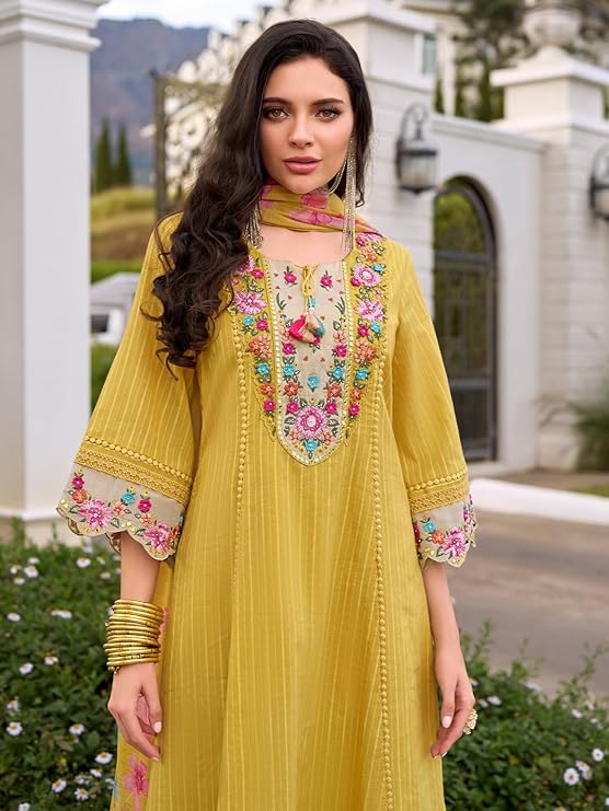 INDO ERA Women's Anarkali Pure Cotton Floral Printed Embroidered Kurta & Pant with Dupatta Set (IEOUT10688)