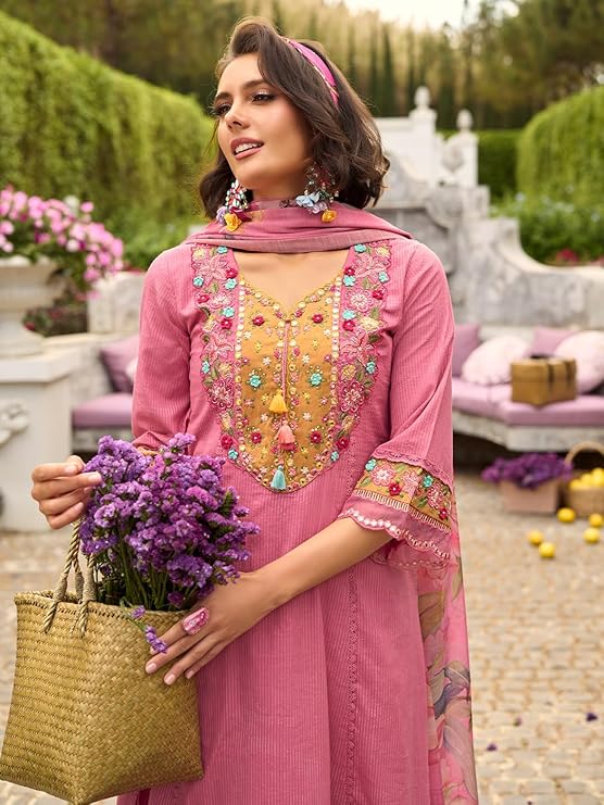 INDO ERA Women's Anarkali Pure Cotton Floral Printed Embroidered Kurta & Pant with Dupatta Set (IEOUT10688)