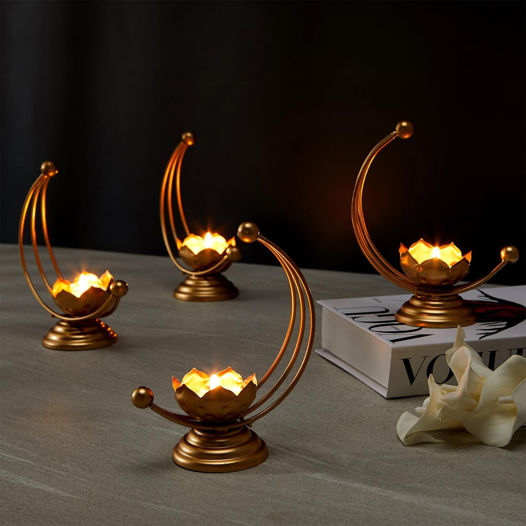 Solimo Designer Metal Tealight Candle Holder for Home Décor & Gifting, Gold (Pack of 4) | Moon-Shaped Iron Frame