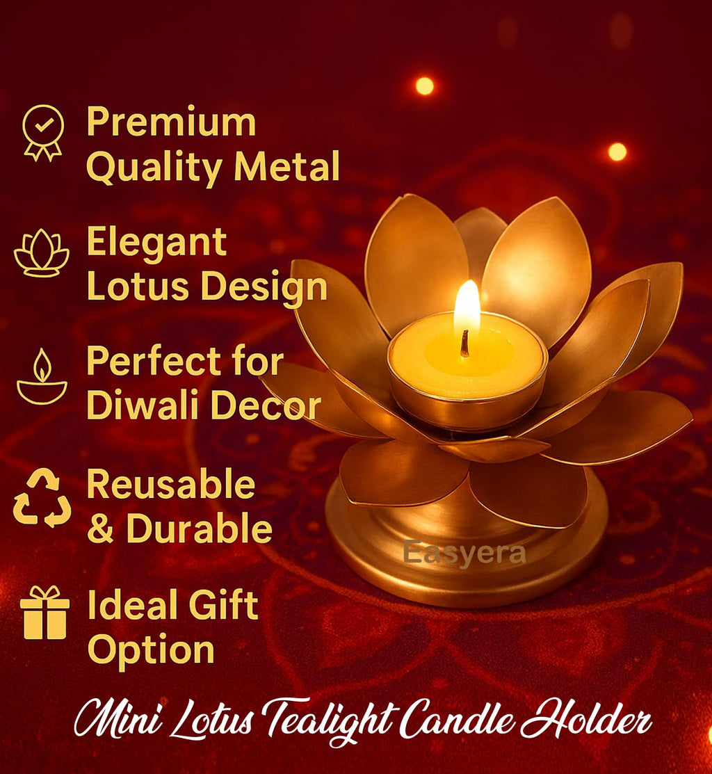 Easyera Golden Tealight Holder Stylishly Shaped Lotus Candle Holder Stand Metal Beautiful Design Home Decoration Festival Occasions Iron Tealight Holder (Mini Lotus 4pc)