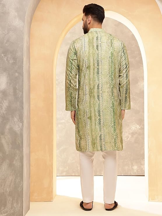 SOJANYA Men’s Cotton Silk Printed Green Kurta | Designer Long Ethnic Outfit for Navratri, Garba Nights & Puja