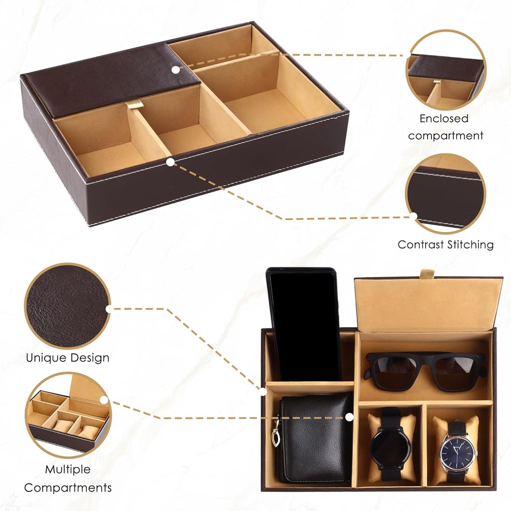Kuber Industries Faux Leather Jewellery Organisers Box | Watch and Sunglasses Organizer | Desk Organiser Tray | Wallet and Watch Holder Box | Golden & Brown