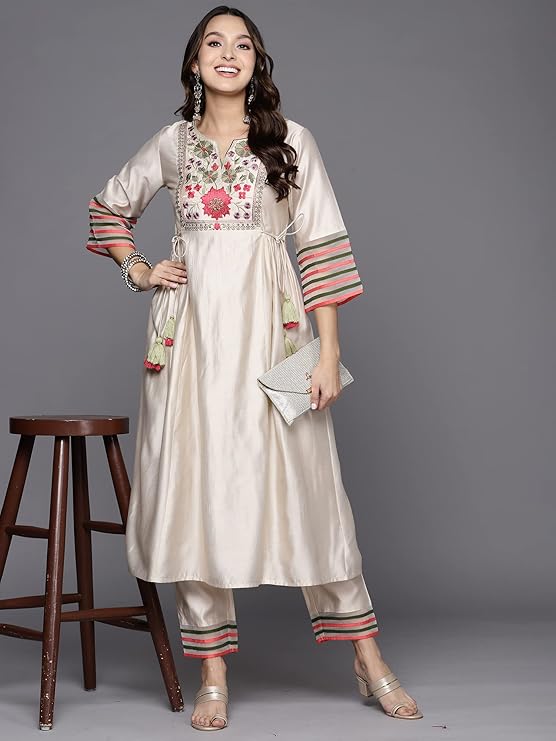 INDO ERA Women Rayon Viscose Floral Embroidered A-Line Kurta With Pant Set/Co-Ord Set