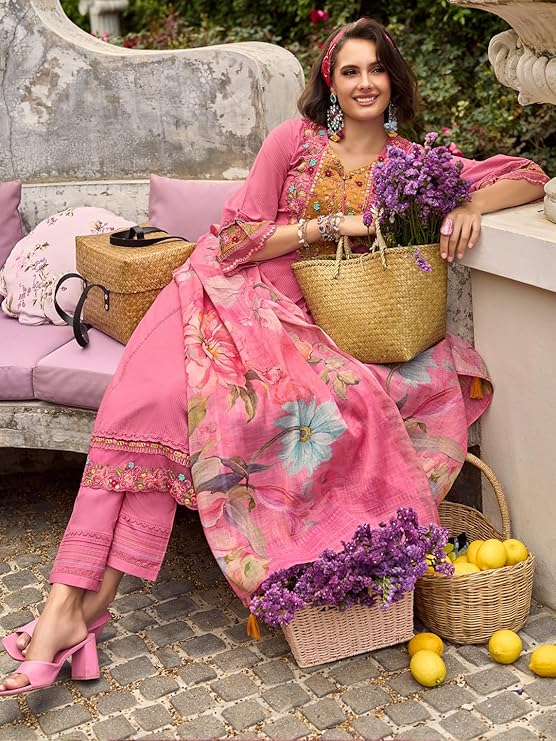 INDO ERA Women's Anarkali Pure Cotton Floral Printed Embroidered Kurta & Pant with Dupatta Set (IEOUT10688)