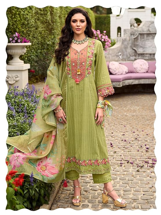 INDO ERA Women's Anarkali Pure Cotton Floral Printed Embroidered Kurta & Pant with Dupatta Set (IEOUT10688)