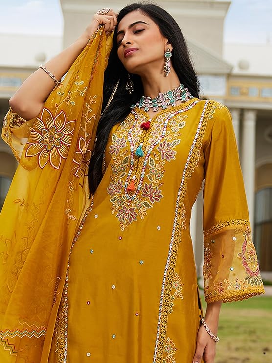 INDO ERA Women's Silk Blend Embroidered Straight Kurta Pant with Dupatta (Ieout6967)