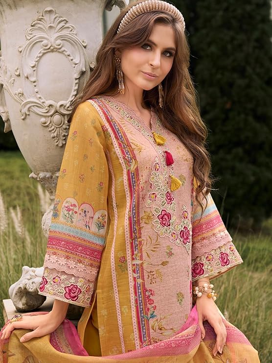 INDO ERA Women's Straight Linen Floral Printed Kurta & Pant with Dupatta Set (IEOUT10562)