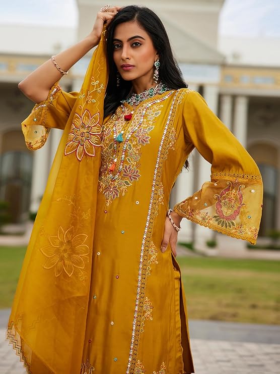 INDO ERA Women's Silk Blend Embroidered Straight Kurta Pant with Dupatta (Ieout6967)