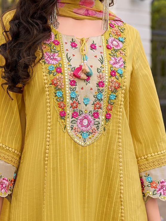 INDO ERA Women's Anarkali Pure Cotton Floral Printed Embroidered Kurta & Pant with Dupatta Set (IEOUT10688)