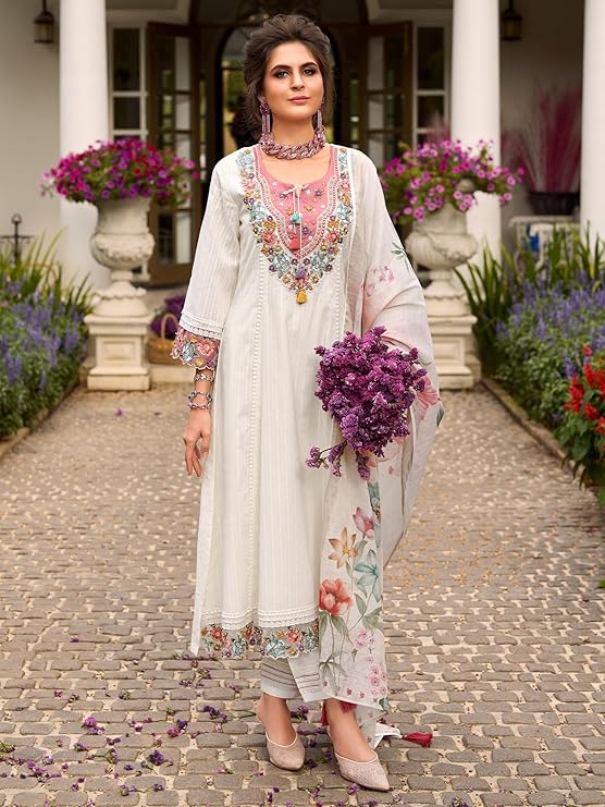 INDO ERA Women's Anarkali Pure Cotton Floral Printed Embroidered Kurta & Pant with Dupatta Set (IEOUT10688)