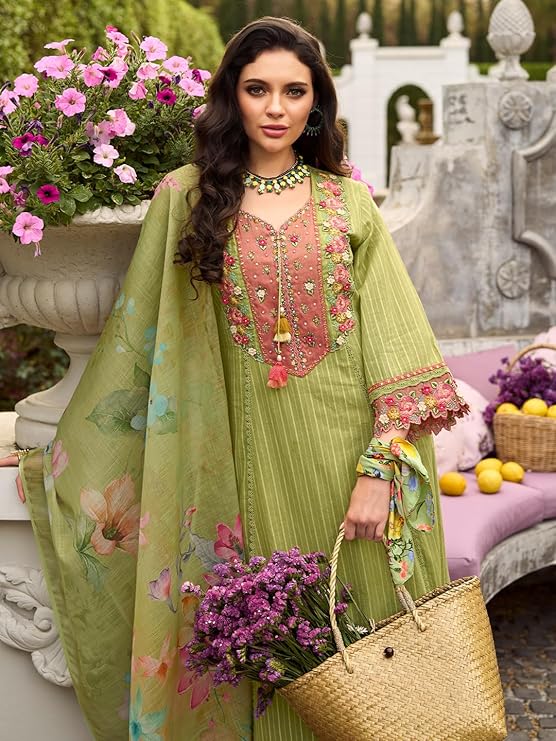 INDO ERA Women's Anarkali Pure Cotton Floral Printed Embroidered Kurta & Pant with Dupatta Set (IEOUT10688)