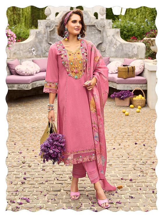 INDO ERA Women's Anarkali Pure Cotton Floral Printed Embroidered Kurta & Pant with Dupatta Set (IEOUT10688)