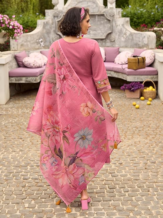 INDO ERA Women's Anarkali Pure Cotton Floral Printed Embroidered Kurta & Pant with Dupatta Set (IEOUT10688)