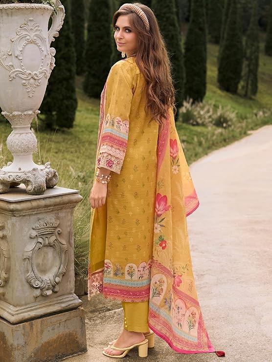 INDO ERA Women's Straight Linen Floral Printed Kurta & Pant with Dupatta Set (IEOUT10562)