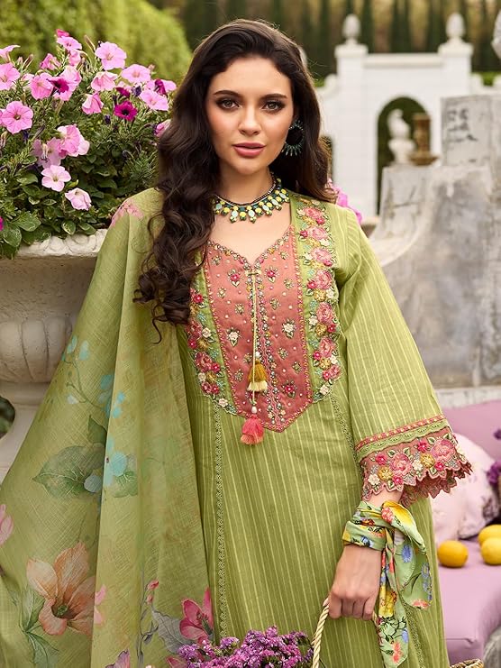 INDO ERA Women's Anarkali Pure Cotton Floral Printed Embroidered Kurta & Pant with Dupatta Set (IEOUT10688)