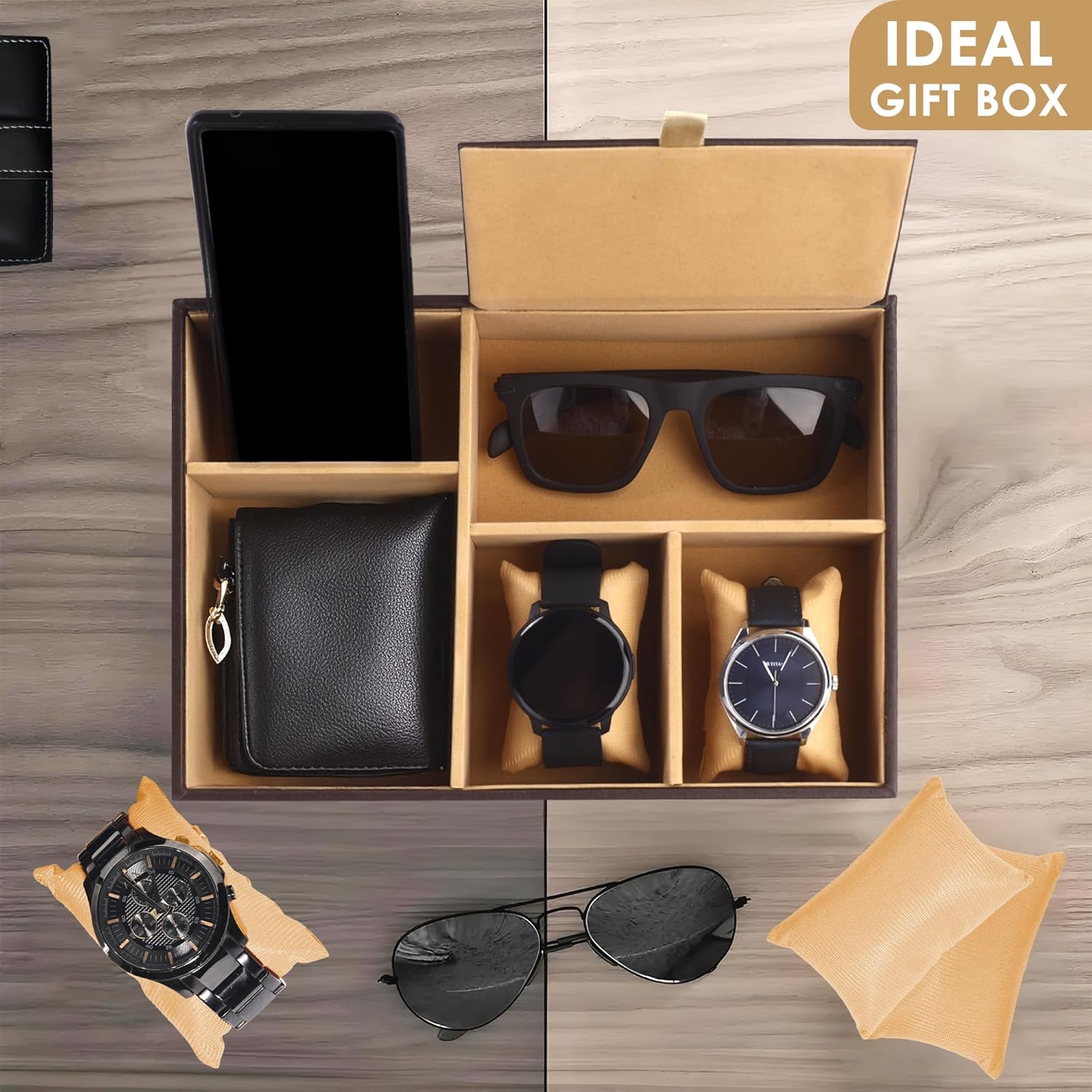 Kuber Industries Faux Leather Jewellery Organisers Box | Watch and Sunglasses Organizer | Desk Organiser Tray | Wallet and Watch Holder Box | Golden & Brown