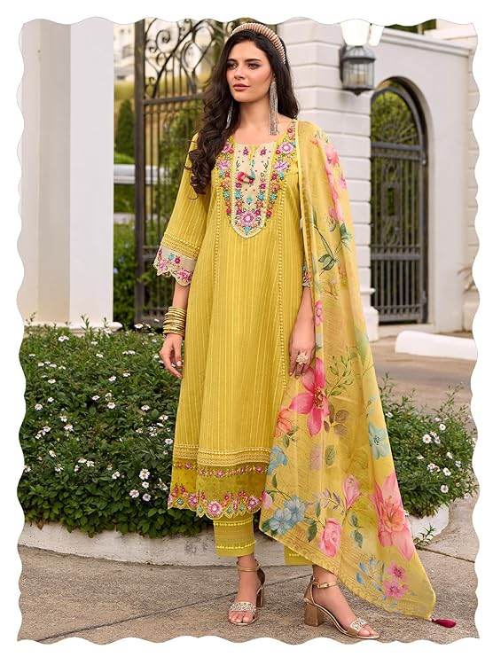 INDO ERA Women's Anarkali Pure Cotton Floral Printed Embroidered Kurta & Pant with Dupatta Set (IEOUT10688)