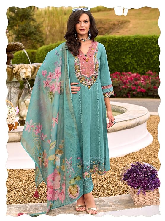 INDO ERA Women's Anarkali Pure Cotton Floral Printed Embroidered Kurta & Pant with Dupatta Set (IEOUT10688)