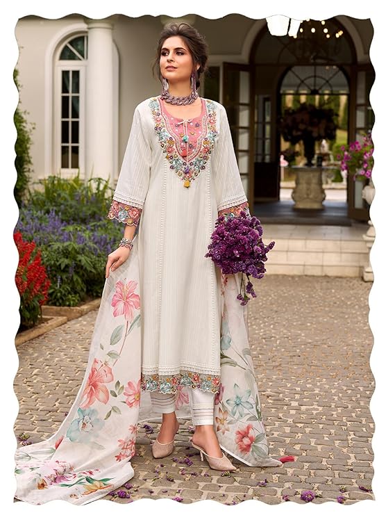 INDO ERA Women's Anarkali Pure Cotton Floral Printed Embroidered Kurta & Pant with Dupatta Set (IEOUT10688)